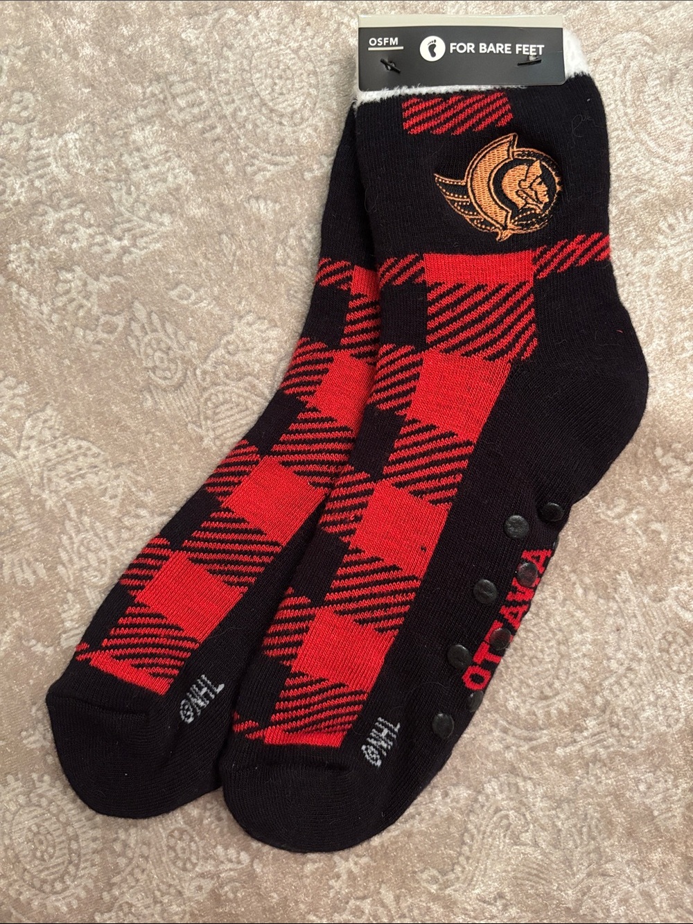 Brand New For Bare Feet Ottawa Senators NHL Grip Socks Black & Red Buffalo Plaid